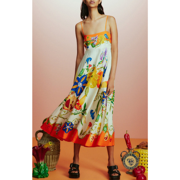 Alemais Flores Square-Neck Linen Midi Sundress US 6 - Picture 1 of 13